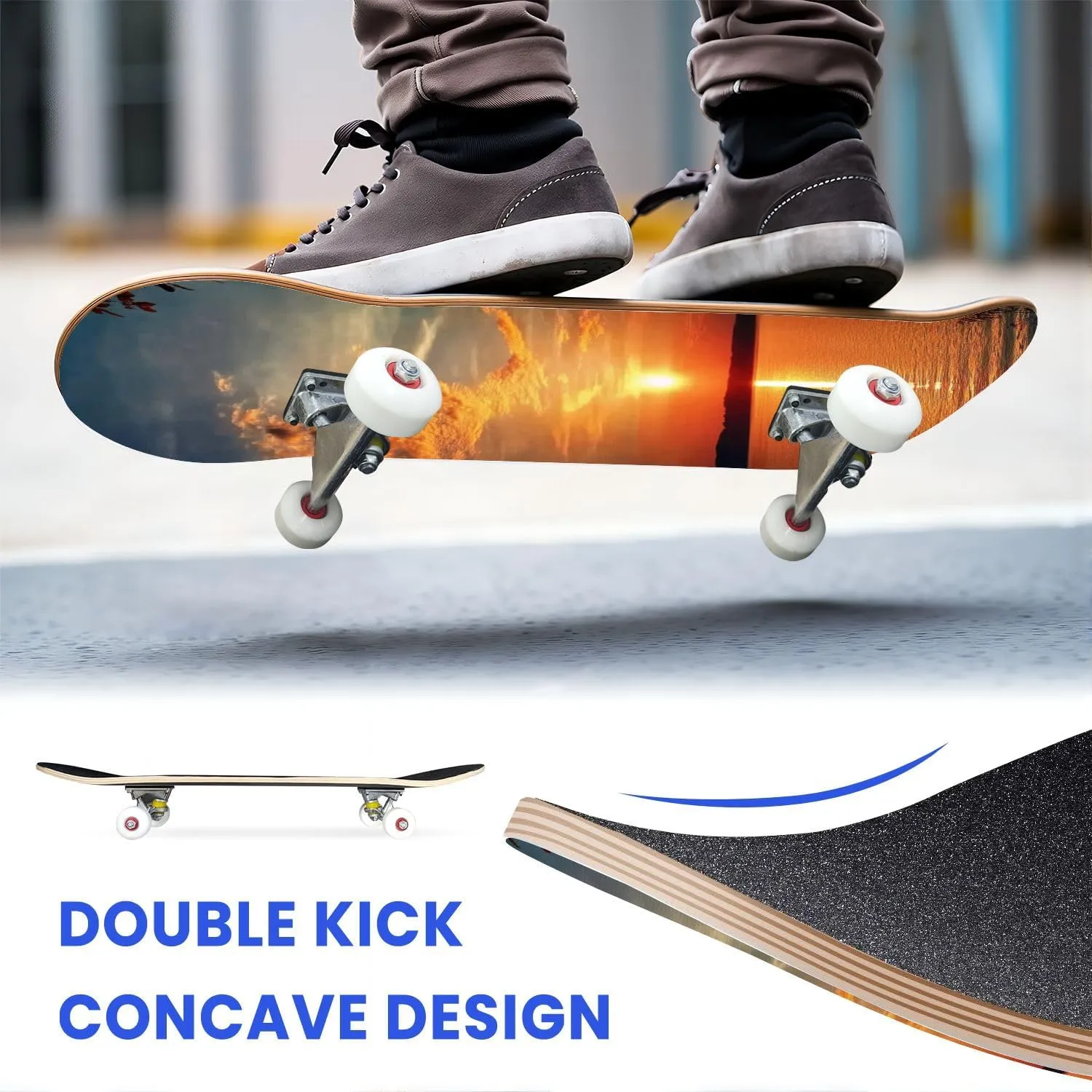 Skateboards for Beginners Evening Sunset Lake Orange Tones Evening Sunset Water Sunset Scene Complete Skateboard 7-Layer Maple Wood Double Kick Deck Concave for Tricks Kids Adults Teens 31"x8"