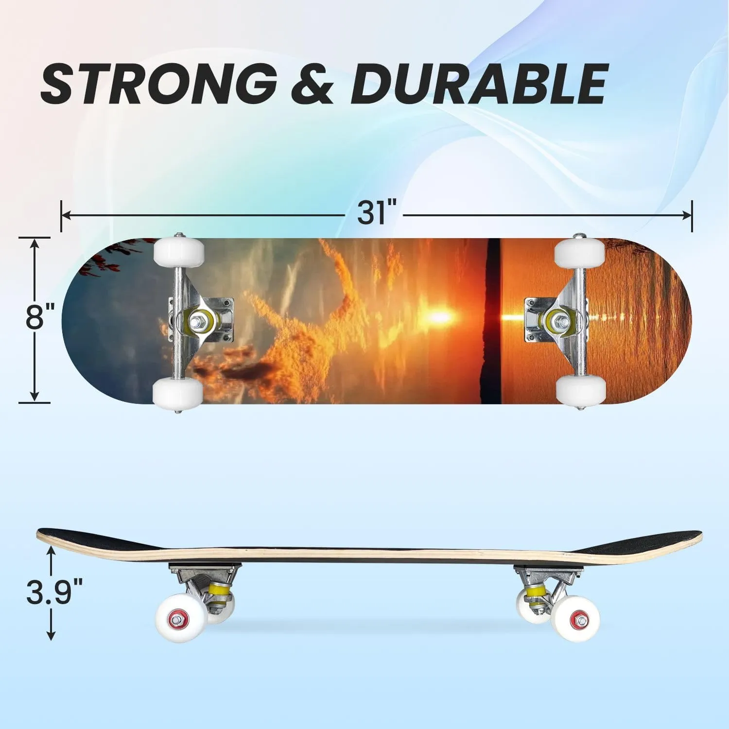 Skateboards for Beginners Evening Sunset Lake Orange Tones Evening Sunset Water Sunset Scene Complete Skateboard 7-Layer Maple Wood Double Kick Deck Concave for Tricks Kids Adults Teens 31"x8"