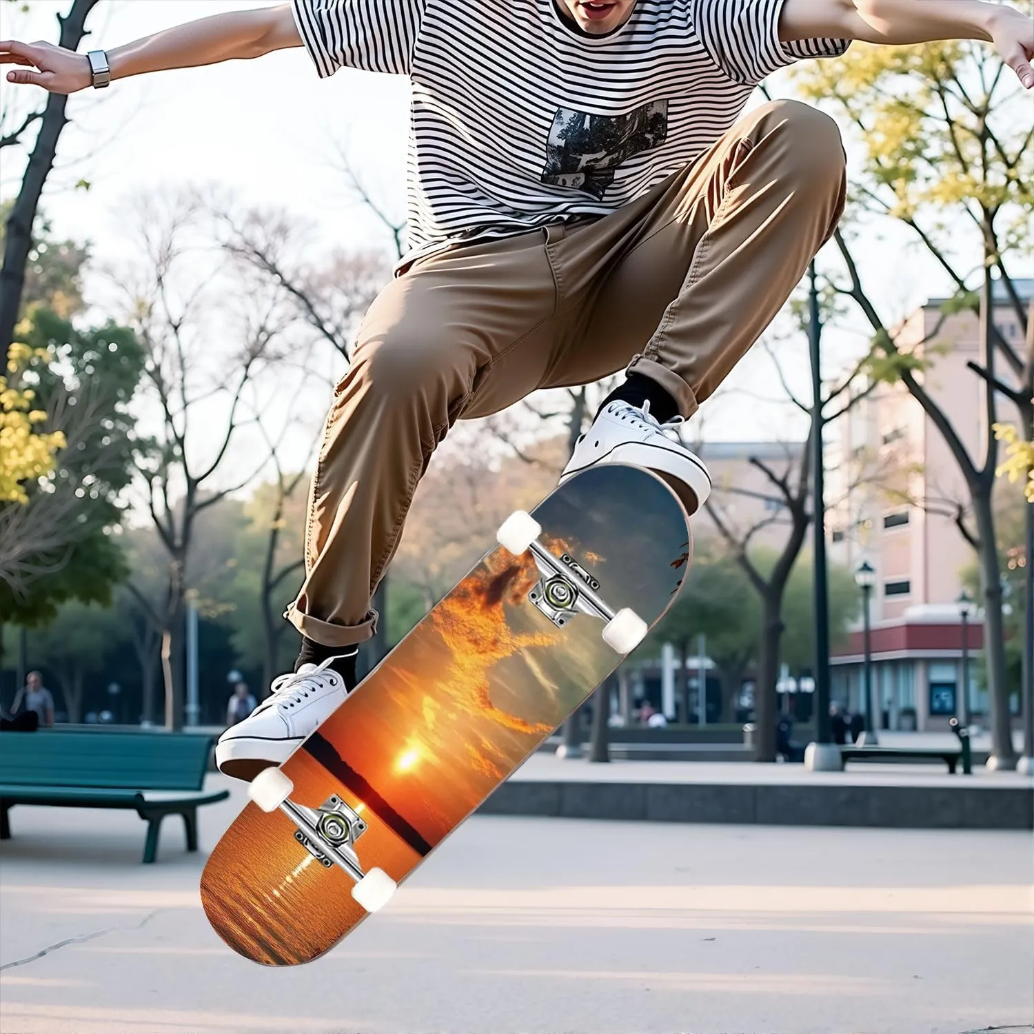 Skateboards for Beginners Evening Sunset Lake Orange Tones Evening Sunset Water Sunset Scene Complete Skateboard 7-Layer Maple Wood Double Kick Deck Concave for Tricks Kids Adults Teens 31"x8"