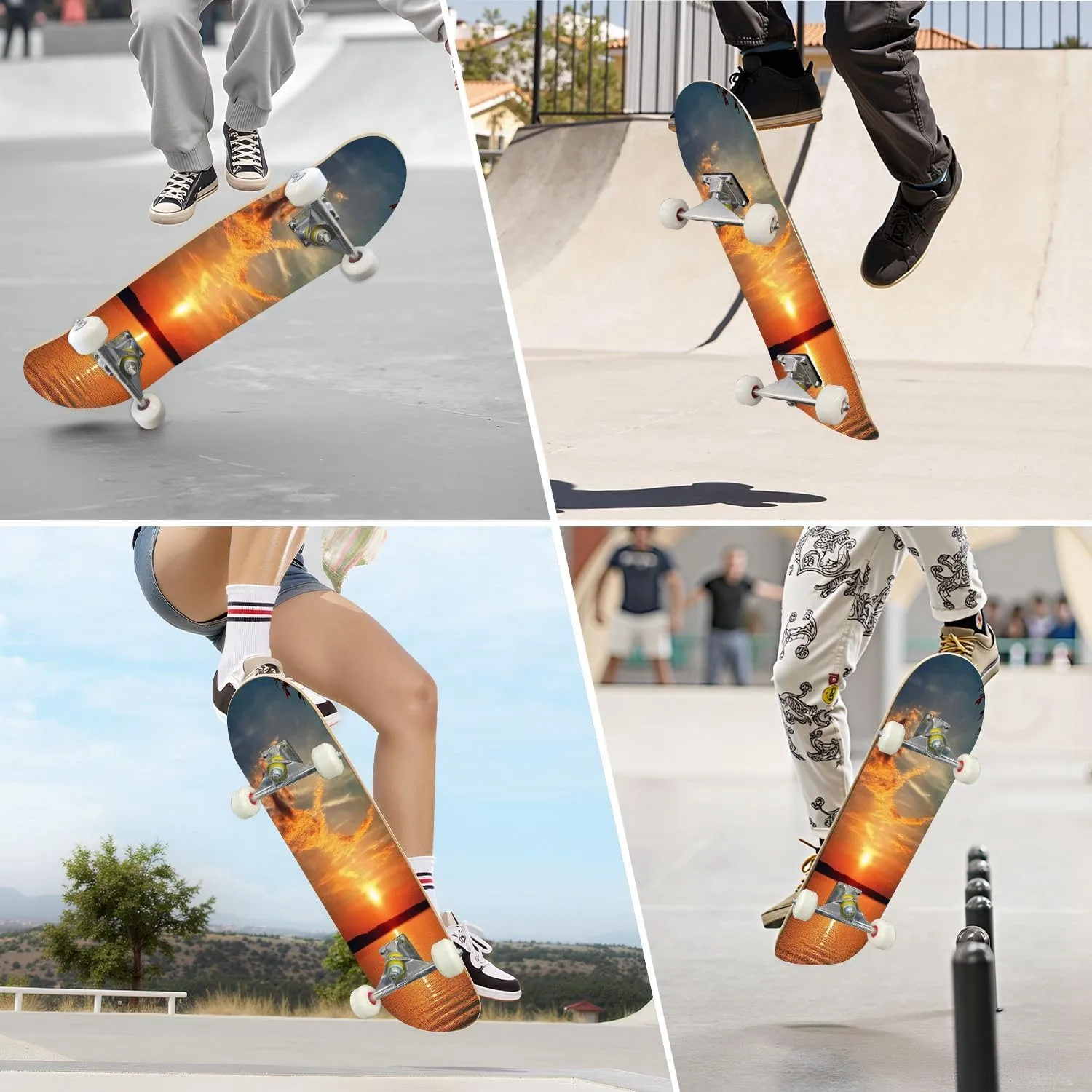 Skateboards for Beginners Evening Sunset Lake Orange Tones Evening Sunset Water Sunset Scene Complete Skateboard 7-Layer Maple Wood Double Kick Deck Concave for Tricks Kids Adults Teens 31"x8"