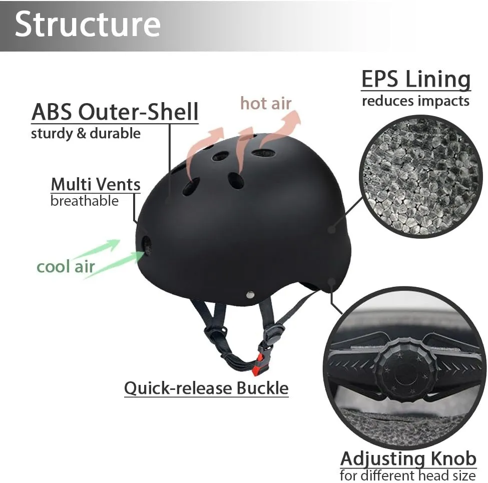 Skateboard/Skate Protection Pads Set with Helmet-SymbolLife Helmet with 6pcs Elbow Knee Wrist Pads for Kids Youths BMX/Cycling/Rollerblading for Head M (20.5-22.4 inch) Black