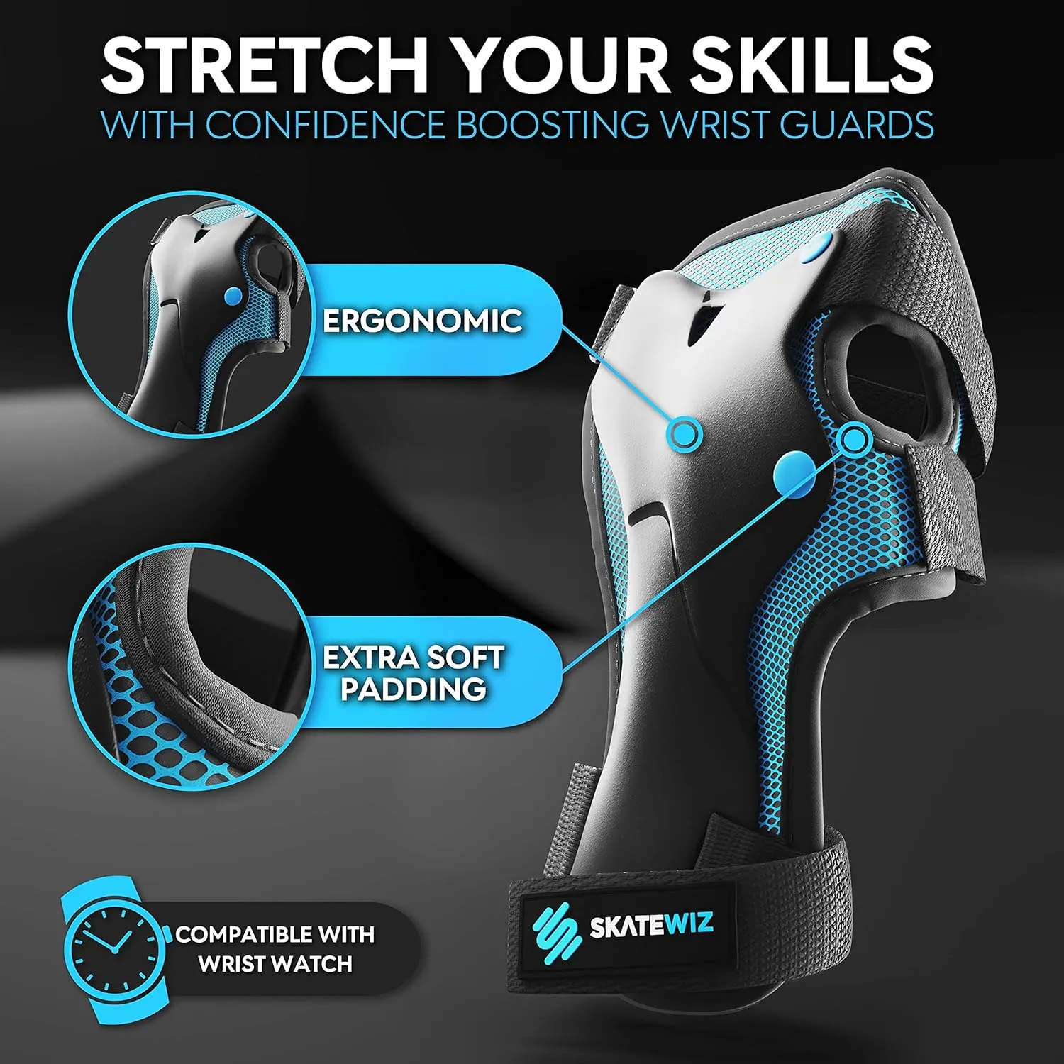 SKATEWIZ Skate Pads - Knee and Elbow Pads & Wrist Guards for Roller Skating [6pc] Skating Protective Gear Adult and Kids - Roller Skate Pads