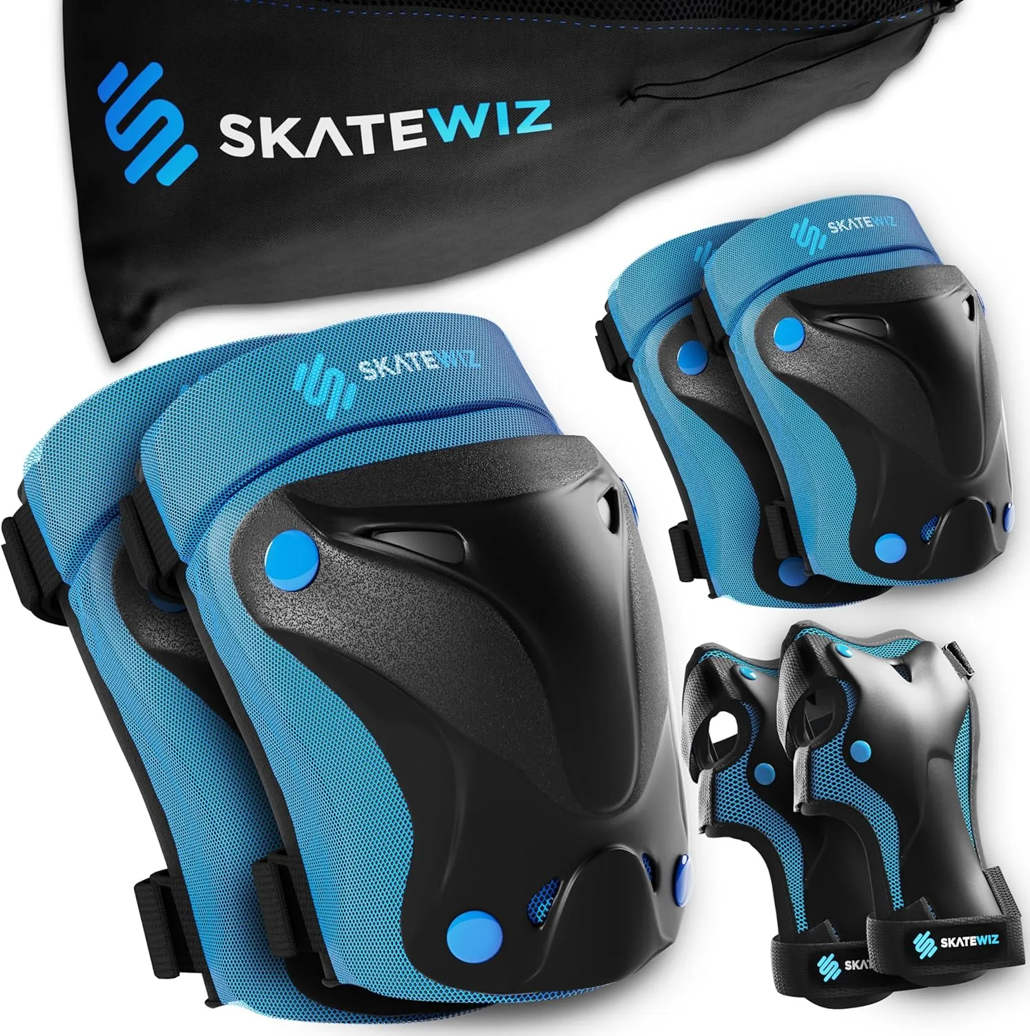 SKATEWIZ Skate Pads - Knee and Elbow Pads & Wrist Guards for Roller Skating [6pc] Skating Protective Gear Adult and Kids - Roller Skate Pads