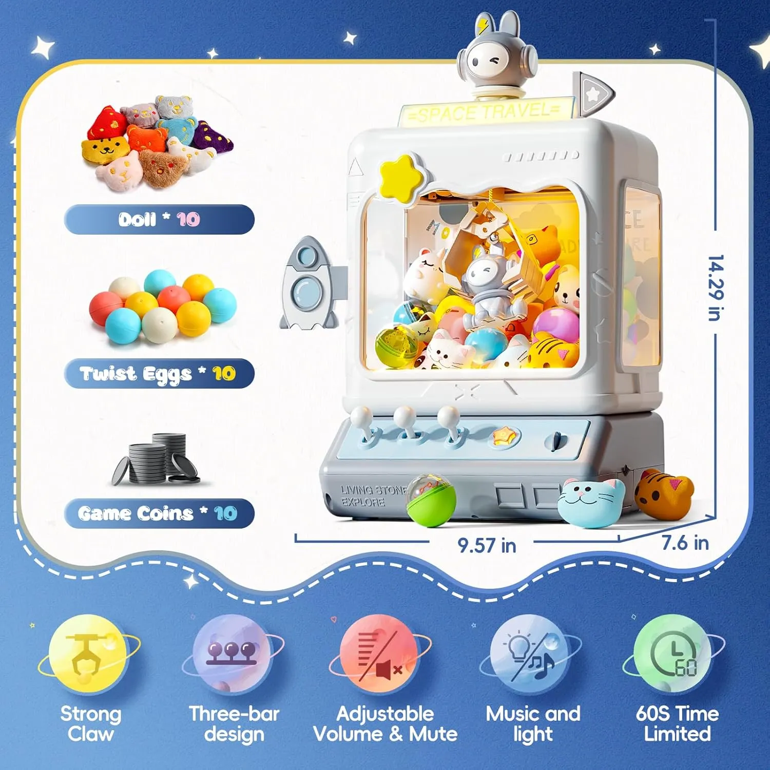 Skirfy Space Claw Machine for Kids, Mini Electronic Arcade Game Vending Machine，Candy Dispenser Arcade Game for Kids，Birthday for Girls Boys(Blue)