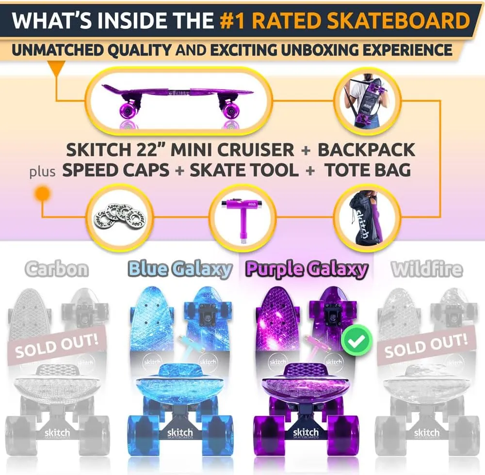 SKITCH Skateboards for Kids, Teens and Adults | Premium Skateboard Gift Set for Beginners and Pros Complete with Mini Cruiser Board   Skateboard Backpack   Video Course   Speed Control   Skate Tool