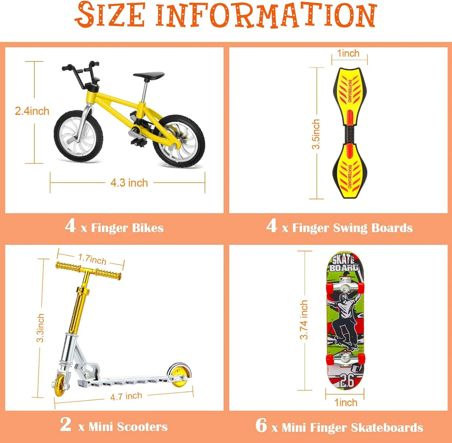 Skylety 31 Pieces Mini Finger Toys Set for Boy Girl Includes 6 Finger Skateboards, 4 Bikes, 2 Mini Scooters 4 Swing Board 8 Matched Wheels 7 Tool Accessories Educational Toy Party Favor(Cool)