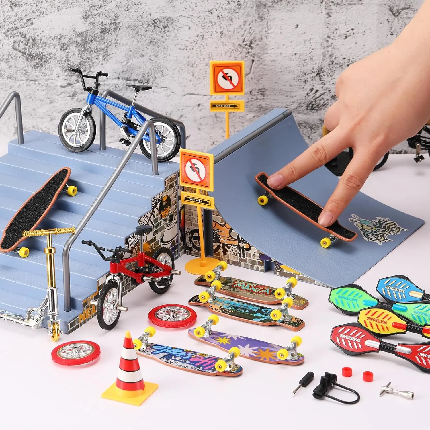 Skylety 31 Pieces Mini Finger Toys Set for Boy Girl Includes 6 Finger Skateboards, 4 Bikes, 2 Mini Scooters 4 Swing Board 8 Matched Wheels 7 Tool Accessories Educational Toy Party Favor(Novel)