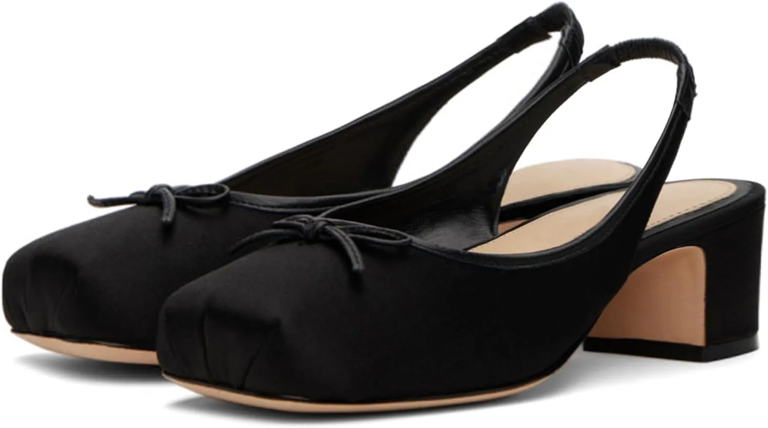Slingback Ballet Heels for Women Cute Bow Square Toe Low Chunky Heel Ballerina Pumps Comfort Satin Mary Jane Heels Shoes with Elastic Rear Strap