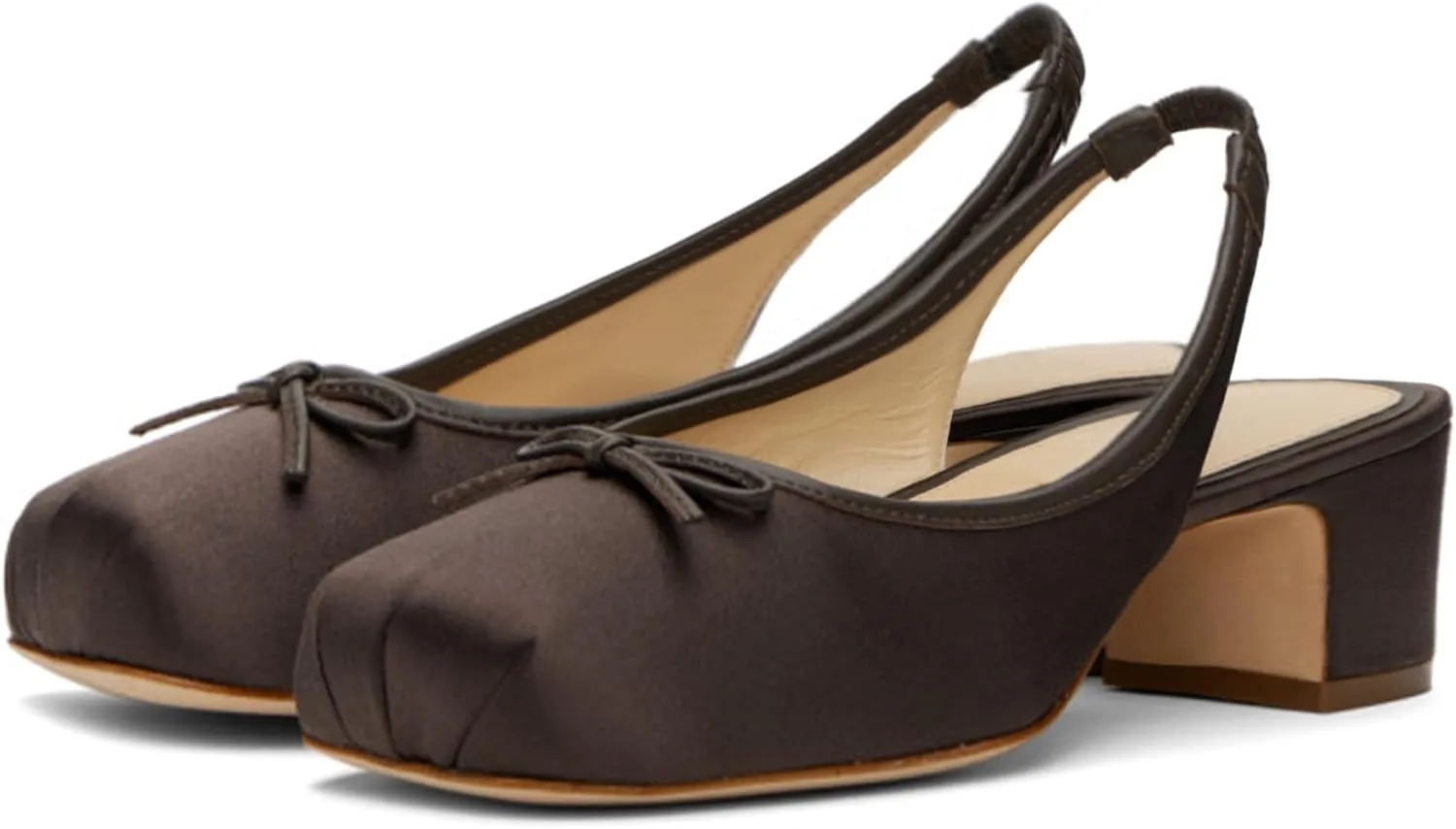 Slingback Ballet Heels for Women Cute Bow Square Toe Low Chunky Heel Ballerina Pumps Comfort Satin Mary Jane Heels Shoes with Elastic Rear Strap