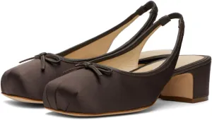 Slingback Ballet Heels for Women Cute Bow Square Toe Low Chunky Heel Ballerina Pumps Comfort Satin Mary Jane Heels Shoes with Elastic Rear Strap
