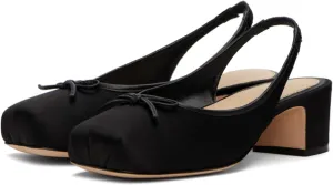 Slingback Ballet Heels for Women Cute Bow Square Toe Low Chunky Heel Ballerina Pumps Comfort Satin Mary Jane Heels Shoes with Elastic Rear Strap