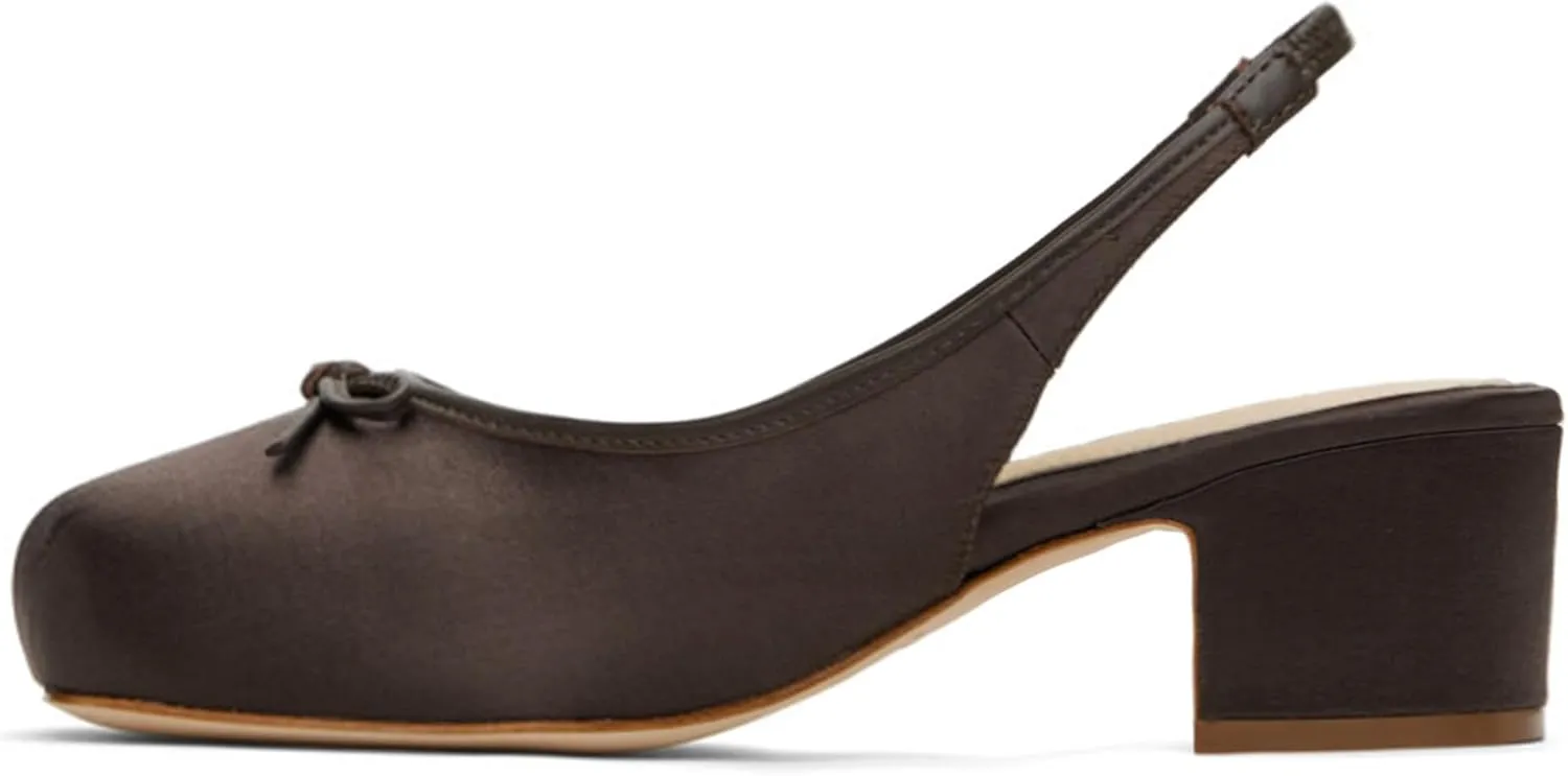 Slingback Ballet Heels for Women Cute Bow Square Toe Low Chunky Heel Ballerina Pumps Comfort Satin Mary Jane Heels Shoes with Elastic Rear Strap
