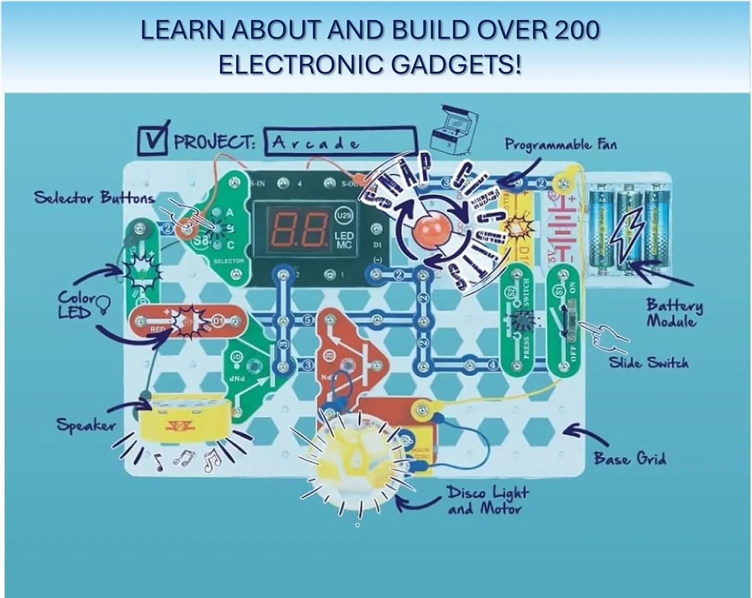 Snap Circuits “Arcade”, Electronics Exploration Kit, Stem Activities for Ages 8 , Full Color Project Manual (SCA-200)