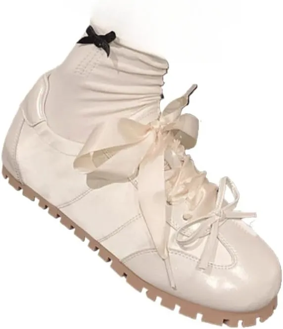Sneakerina Satin Ballet Sneakers for Women Dual Bow Ballerina Sneakers Flat Kawaii Y2K Lightweight Round Toes Non-Slip Lace-Up Slip on Comfort Dress Shoes Preppy Back to School Gifts for Girls Teens
