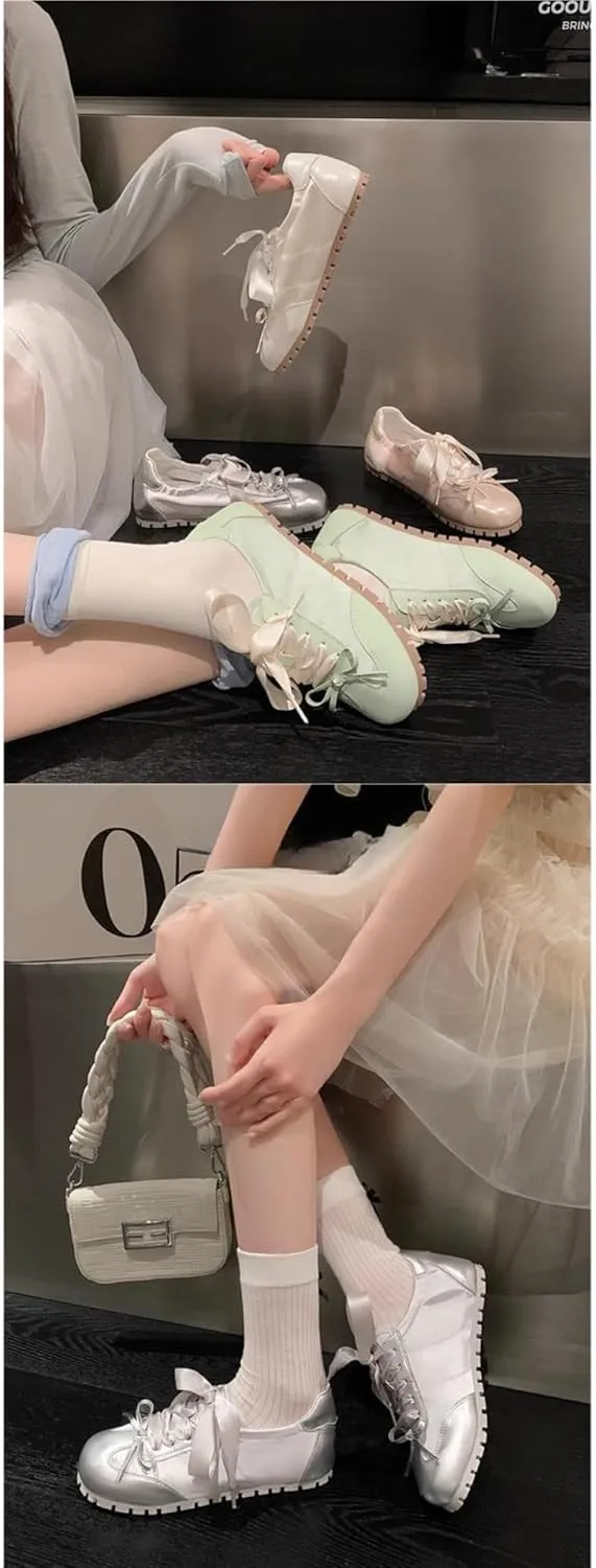 Sneakerina Satin Ballet Sneakers for Women Dual Bow Ballerina Sneakers Flat Kawaii Y2K Lightweight Round Toes Non-Slip Lace-Up Slip on Comfort Dress Shoes Preppy Back to School Gifts for Girls Teens
