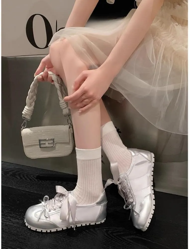 Sneakerina Satin Ballet Sneakers for Women Dual Bow Ballerina Sneakers Flat Kawaii Y2K Lightweight Round Toes Non-Slip Lace-Up Slip on Comfort Dress Shoes Preppy Back to School Gifts for Girls Teens