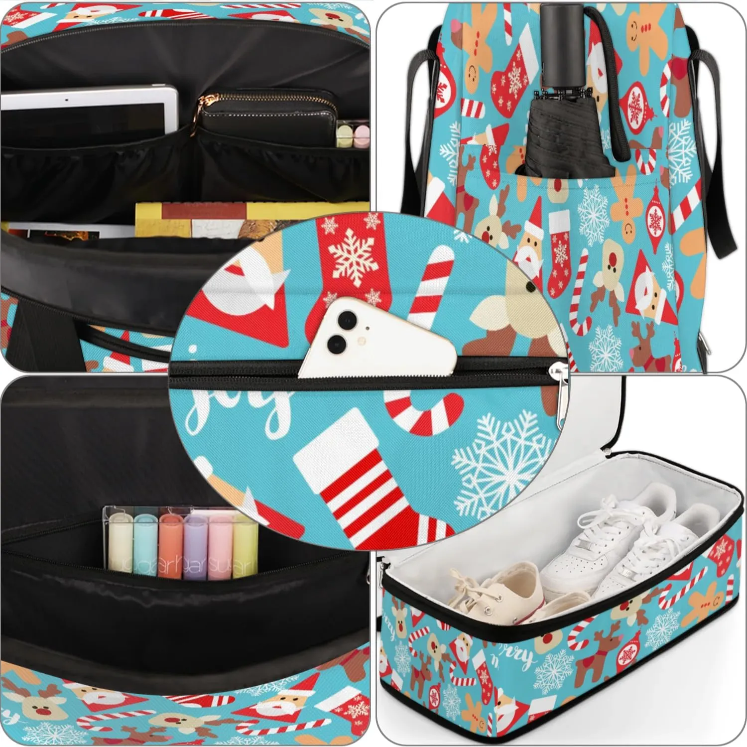Socks Santa Claus Cane Sports Gym Bag with Shoes Compartment Foldable Travel Duffel Bag Dry Wet Separated Sports Tote Workout Weekender Overnight Bag for Women Yoga Dance Work Training Handbag