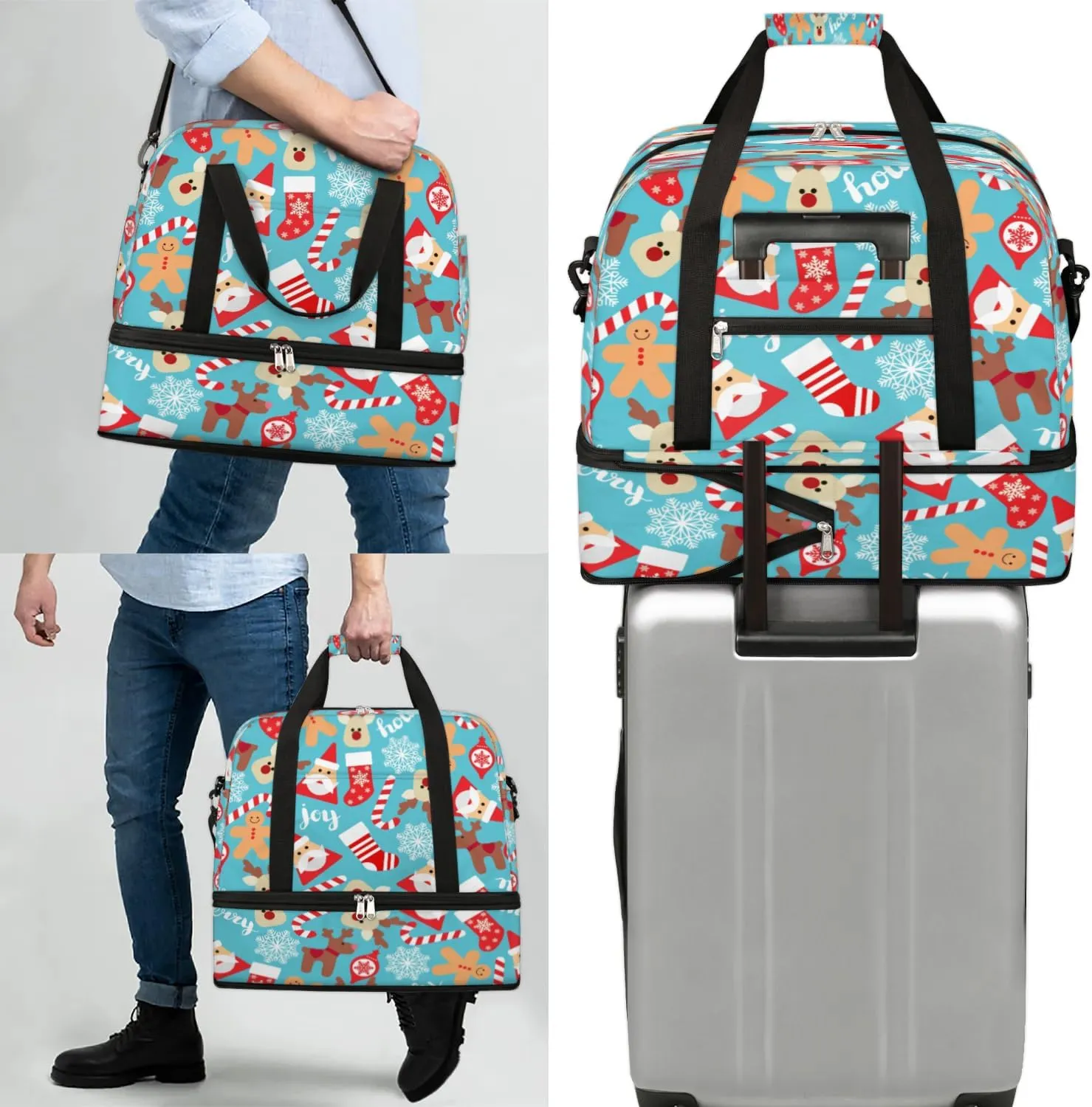 Socks Santa Claus Cane Sports Gym Bag with Shoes Compartment Foldable Travel Duffel Bag Dry Wet Separated Sports Tote Workout Weekender Overnight Bag for Women Yoga Dance Work Training Handbag