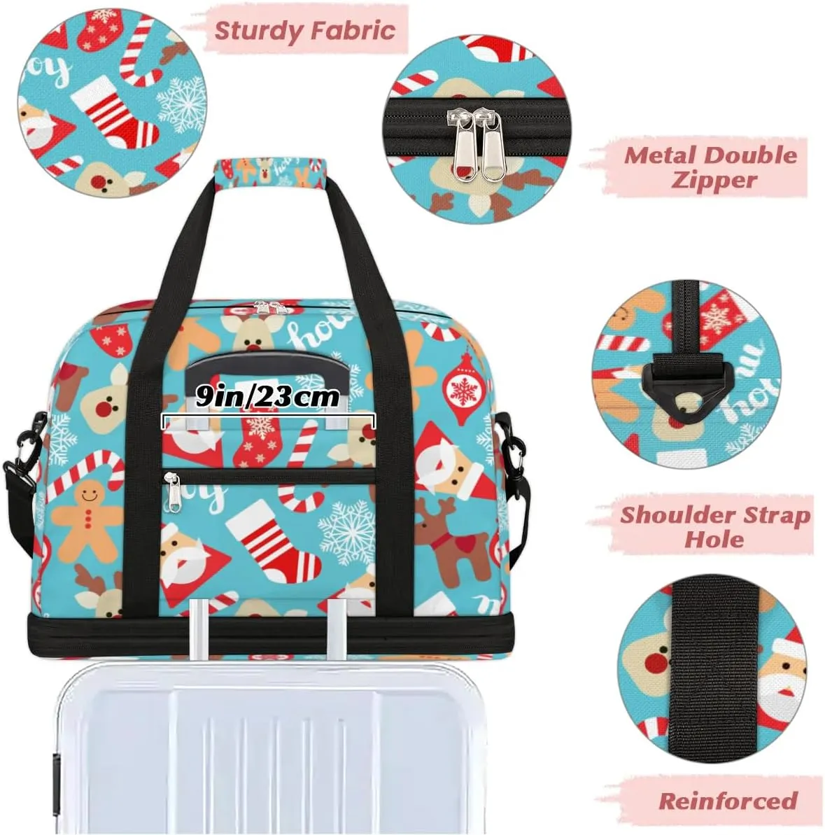 Socks Santa Claus Cane Sports Gym Bag with Shoes Compartment Foldable Travel Duffel Bag Dry Wet Separated Sports Tote Workout Weekender Overnight Bag for Women Yoga Dance Work Training Handbag