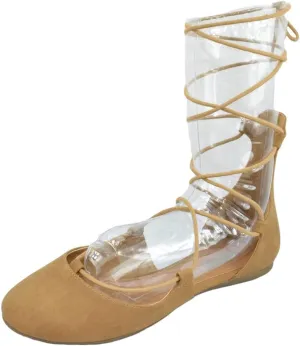 Soda Women's Shoes Ballet Flat Round Toe Lace Up Ankle Tie Gladiator Style Tie Leg Design Harvest-S Tan Brown Nubuck Suede 6.5