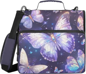Sparkle Butterfly Zipper Binder with Shoulder Strap Multiple Pockets 1.5 Inch 3 Rings Pencil Bags Portfolio Binder Documents Files Organizer