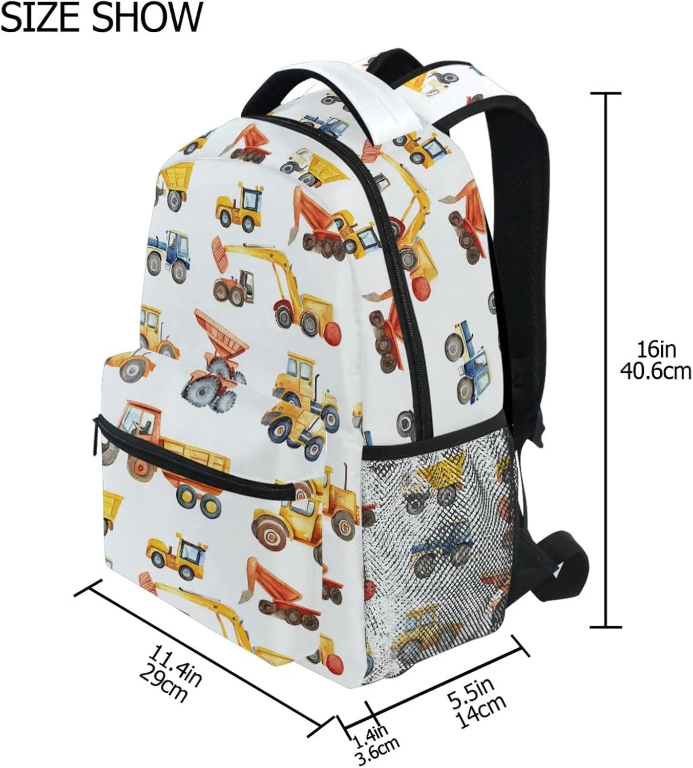 Sport Backpack for Men Women Fashion School Bag with Chest Strap for Travel Trip Construction Vehicles