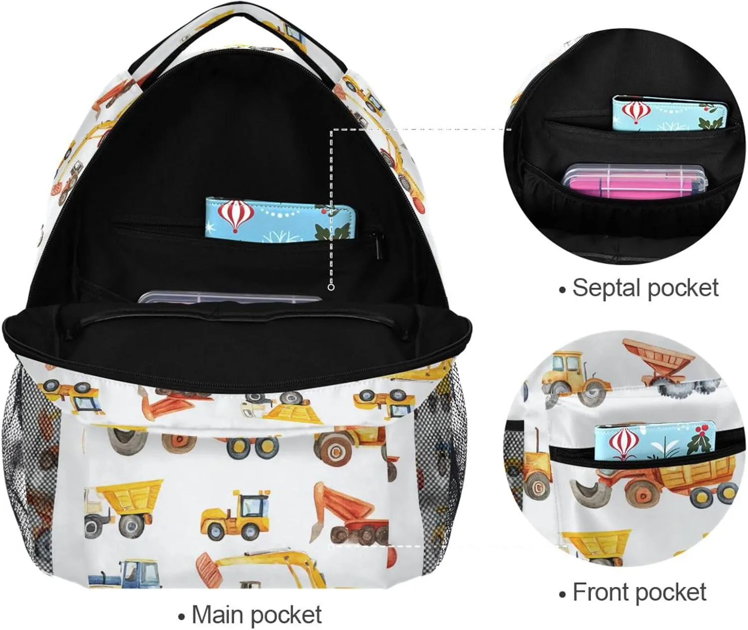 Sport Backpack for Men Women Fashion School Bag with Chest Strap for Travel Trip Construction Vehicles