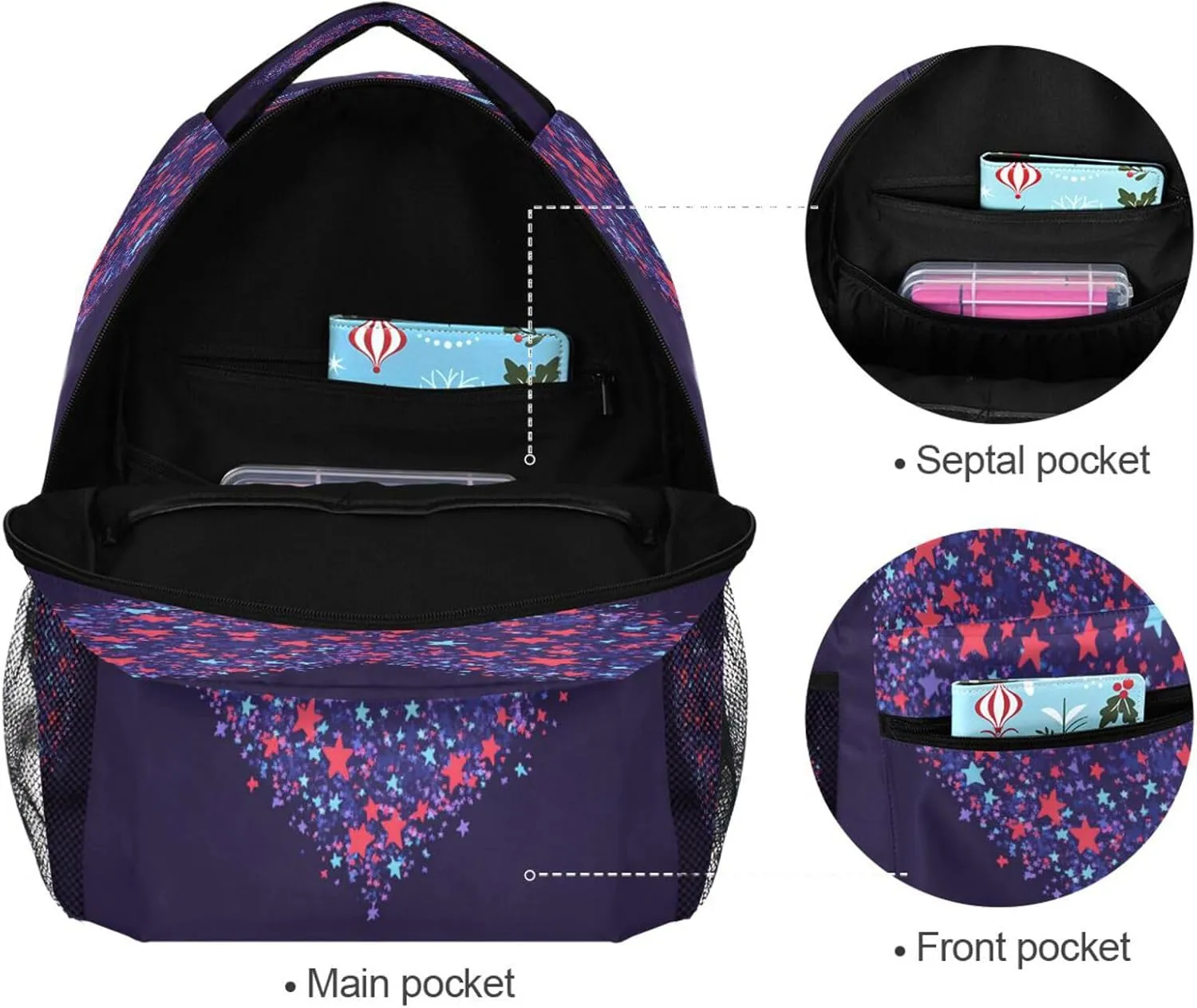 Sport Backpack for Teens Boys Girls Waterproof Outdoor Backpack with Chest Strap Gift Men & Women Purple Heart Day Red and Blue Stars