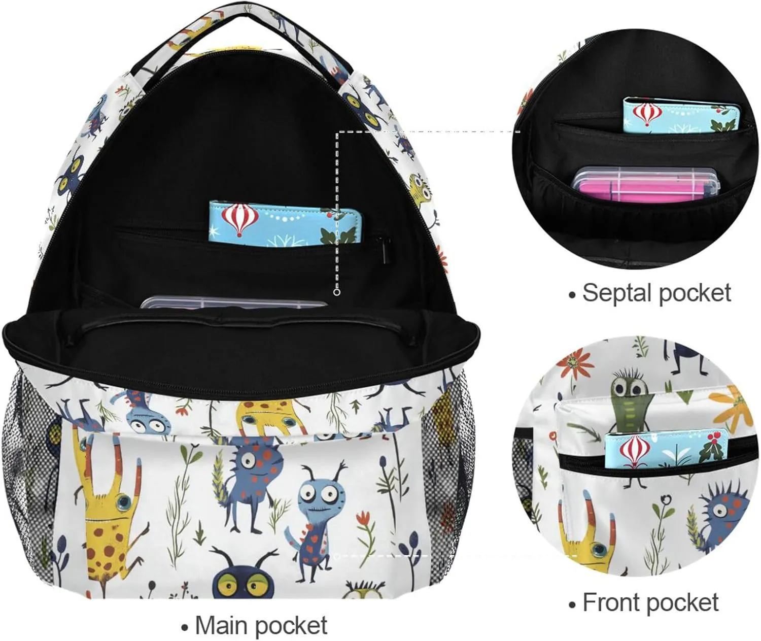 Sport Backpack for Women Men Waterproof Business Work Bag with Chest Strap Gift Men & Women Cartoon Funny Aliens White