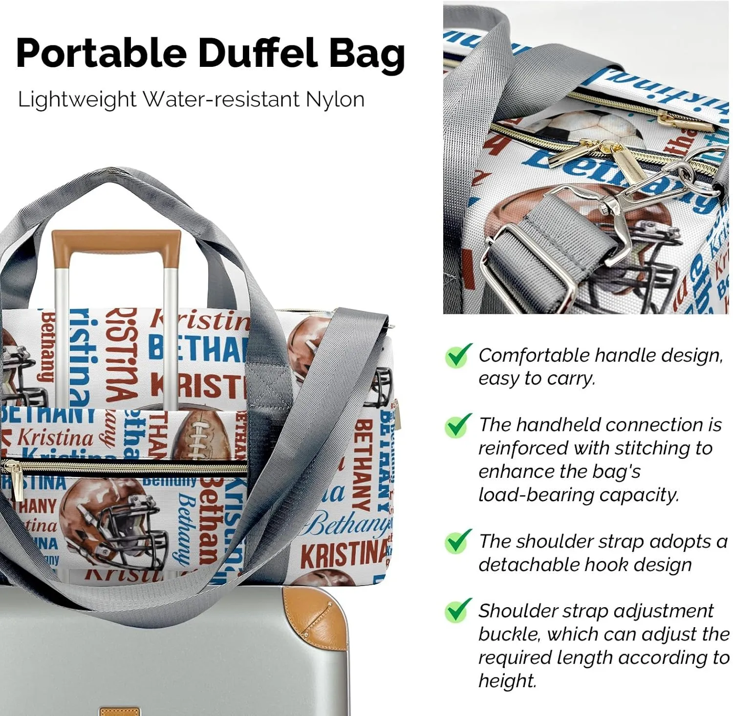 Sport Player Gym Bags Travel Duffle Bag, Word Cloud Text Football Weekender Duffel Bag With Shoe Compartment, Personalized Name Workout Duffle Sports Bag for Travel Yoga