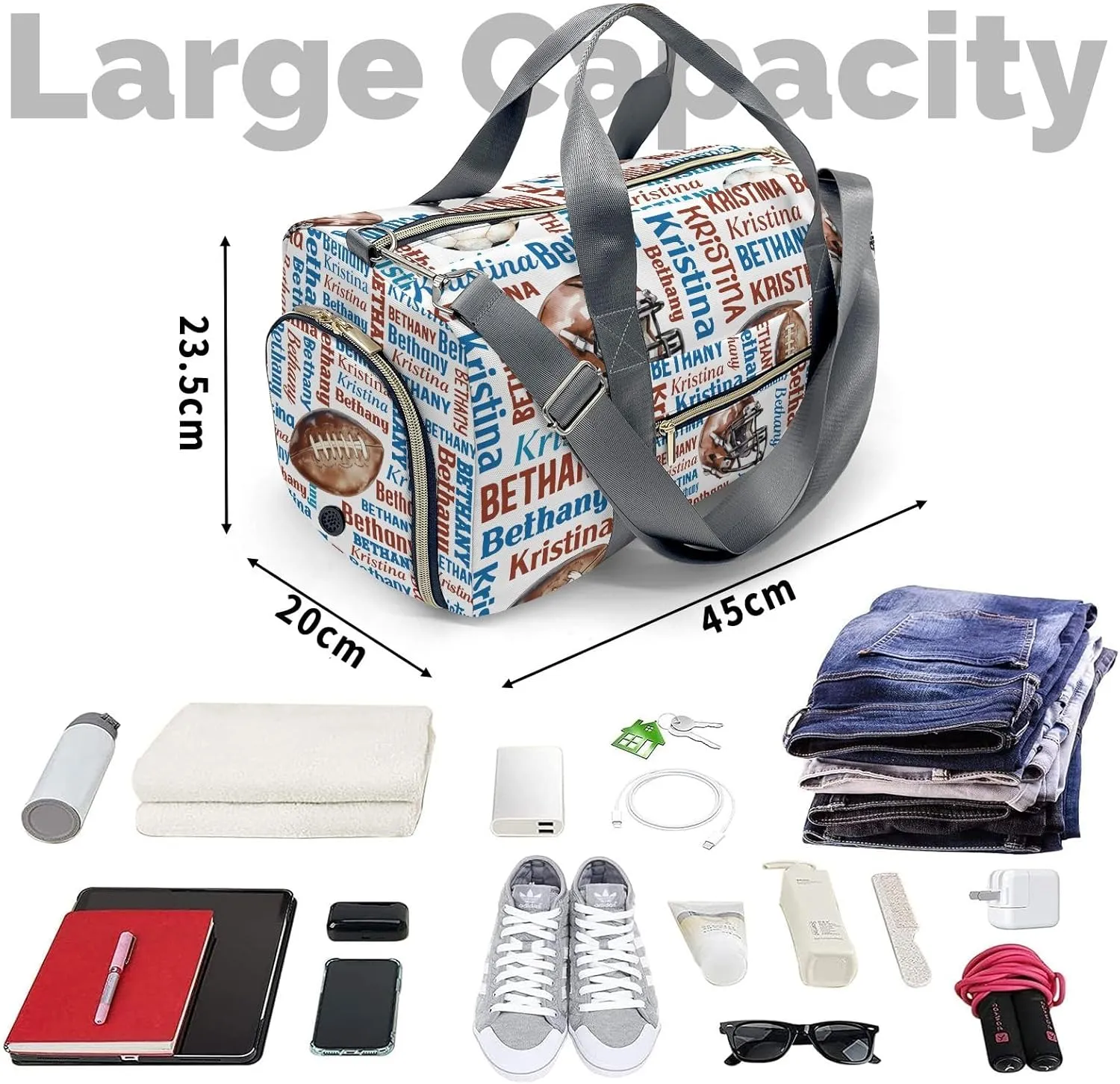 Sport Player Gym Bags Travel Duffle Bag, Word Cloud Text Football Weekender Duffel Bag With Shoe Compartment, Personalized Name Workout Duffle Sports Bag for Travel Yoga