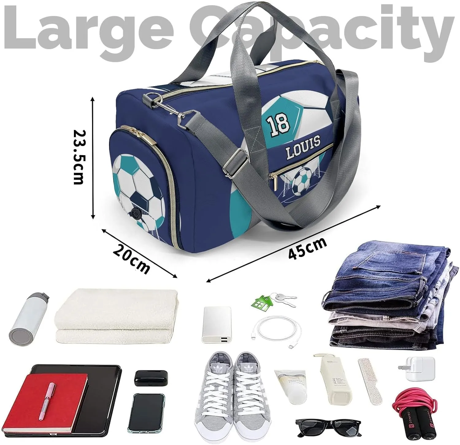 Sport Player Gym Bags Travel Duffle Bag,Number Live Love Soccer Turquoise Weekender Duffel Bag with Shoe Compartment,Personalized Workout Duffle Sports Bag for Travel Yoga