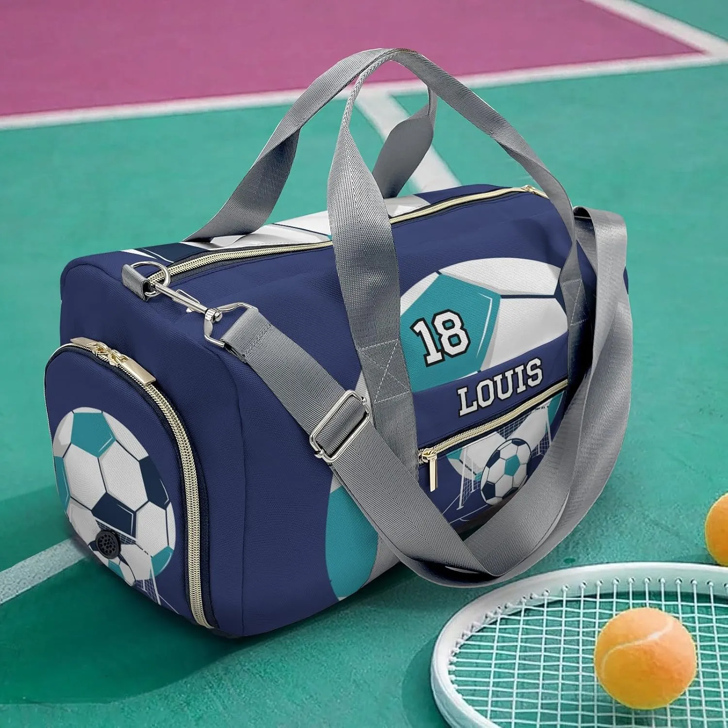 Sport Player Gym Bags Travel Duffle Bag,Number Live Love Soccer Turquoise Weekender Duffel Bag with Shoe Compartment,Personalized Workout Duffle Sports Bag for Travel Yoga