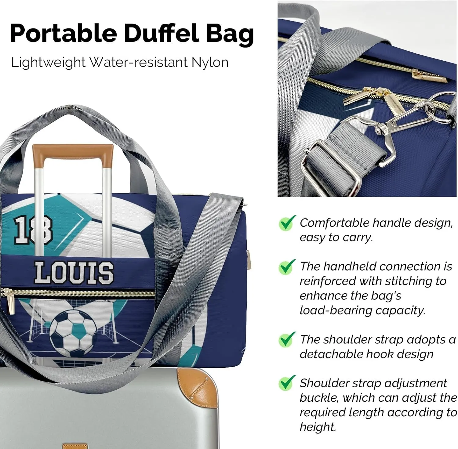 Sport Player Gym Bags Travel Duffle Bag,Number Live Love Soccer Turquoise Weekender Duffel Bag with Shoe Compartment,Personalized Workout Duffle Sports Bag for Travel Yoga