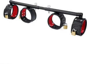 Spreader Bar Heavy Duty Expandable Exercise Black Metal Bar with 4 pcs Black and Red Fur Adjustable Strap, Yoga Training Fitness Gear, Workout Bar,Gym Kit