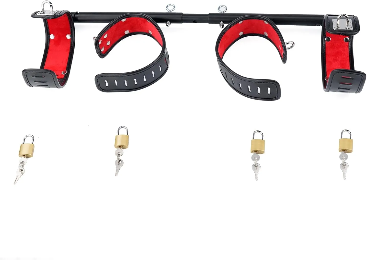 Spreader Bar Heavy Duty Expandable Exercise Black Metal Bar with 4 pcs Black and Red Fur Adjustable Strap, Yoga Training Fitness Gear, Workout Bar,Gym Kit