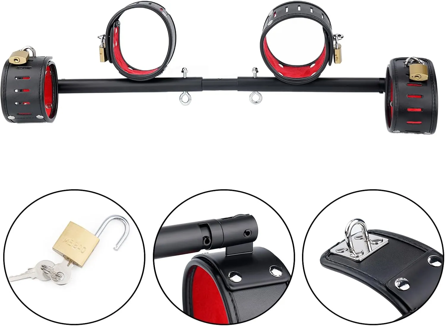 Spreader Bar Heavy Duty Expandable Exercise Black Metal Bar with 4 pcs Black and Red Fur Adjustable Strap, Yoga Training Fitness Gear, Workout Bar,Gym Kit