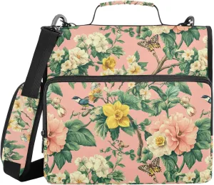 Spring Flowers Daffodil Begonia Butterflies Birds Pink Binder with Zipper with Shoulder Strap & Handle Easy to Carry 1.5 Inch 3 Rings Pencil Case Portfolio Binder Stationery Supply