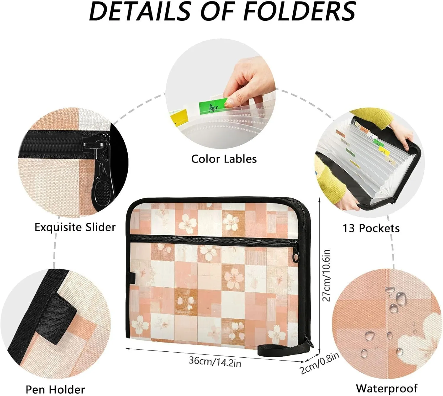 Squares Rose Gold Orange Cherry Blossom Expandable File Folders A4 Size File Folders Expandable with Pockets Pocket File Organizer Folder Legal Size for Tactical