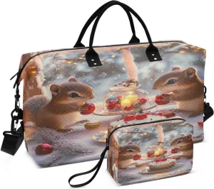 Squirrels Celebrate Christmas Travel Duffel Bags 2PCS,Sports Duffel Bags for Men Women,Weekender Overnight Bag Gym Tote Bag with Toiletry Bag