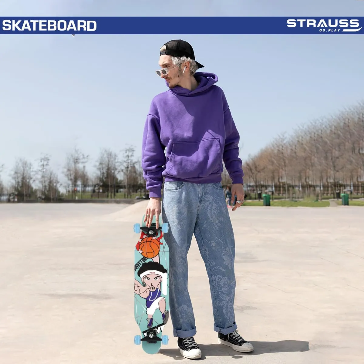 STRAUSS Bronx Skateboard/Penny Skateboard/Casterboard/Hoverboard | Anti-Skid Board with ABEC-7 High Precision Bearings | PU Wheel with Light |Ideal for All Skill Level (31.4 X 8 Inch), (Basketball Mania)