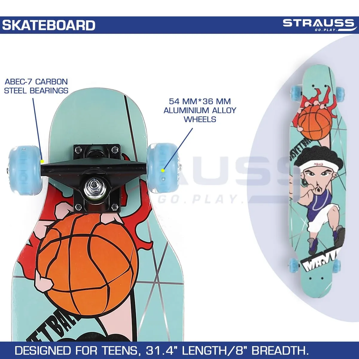 STRAUSS Bronx Skateboard/Penny Skateboard/Casterboard/Hoverboard | Anti-Skid Board with ABEC-7 High Precision Bearings | PU Wheel with Light |Ideal for All Skill Level (31.4 X 8 Inch), (Basketball Mania)