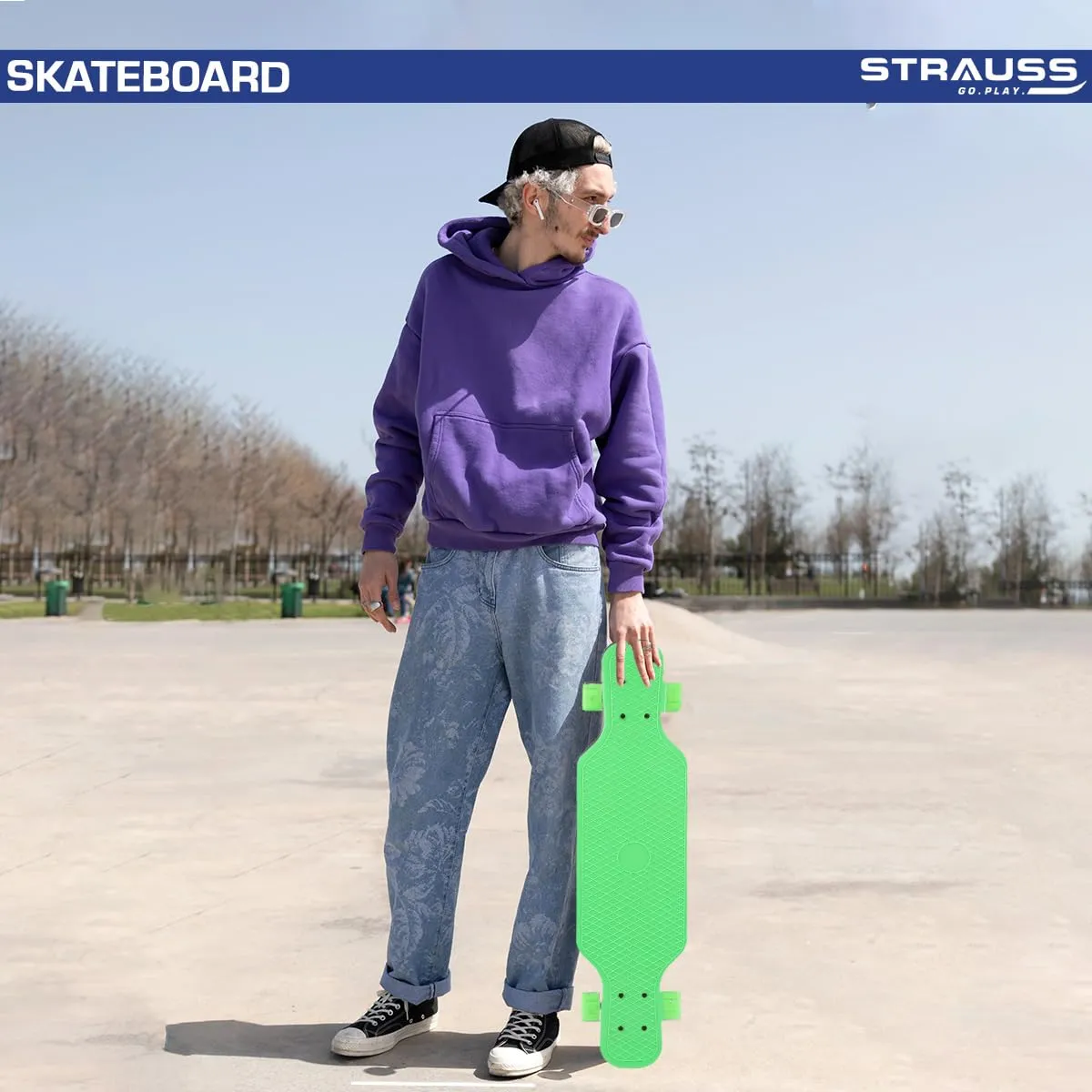 STRAUSS Cruiser Skateboard| Penny Skateboard | Casterboard | Hoverboard | Anti-Skid Board with ABEC-7 High Precision Bearings | PU Wheel with Light |Ideal for All Skill Level (31 X 8 Inch), (Green)