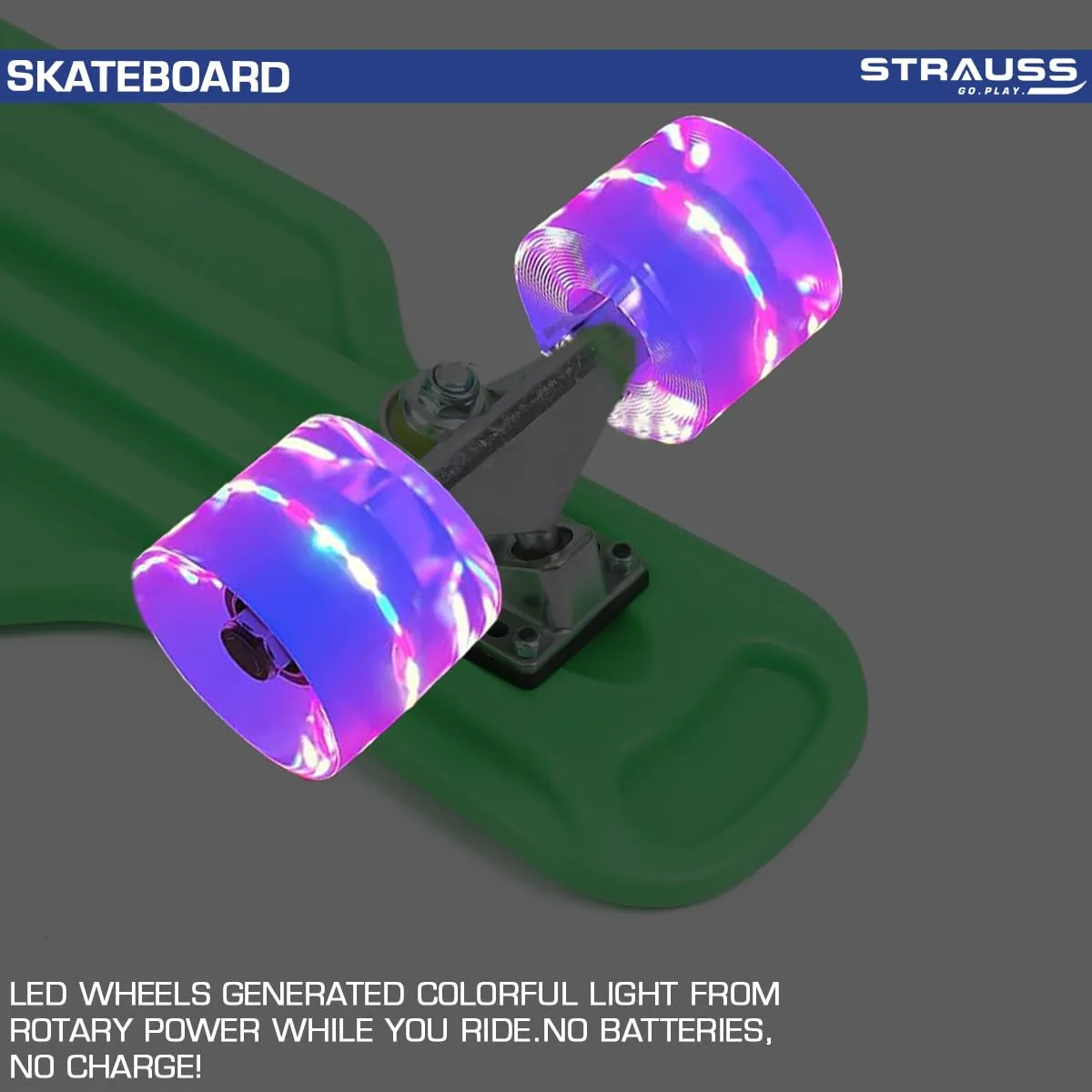 STRAUSS Cruiser Skateboard| Penny Skateboard | Casterboard | Hoverboard | Anti-Skid Board with ABEC-7 High Precision Bearings | PU Wheel with Light |Ideal for All Skill Level (31 X 8 Inch), (Green)