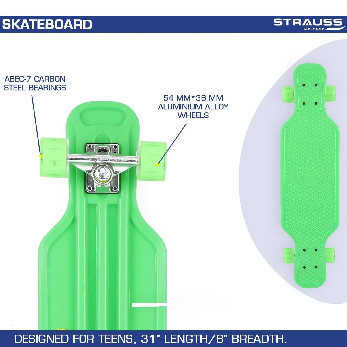 STRAUSS Cruiser Skateboard| Penny Skateboard | Casterboard | Hoverboard | Anti-Skid Board with ABEC-7 High Precision Bearings | PU Wheel with Light |Ideal for All Skill Level (31 X 8 Inch), (Green)