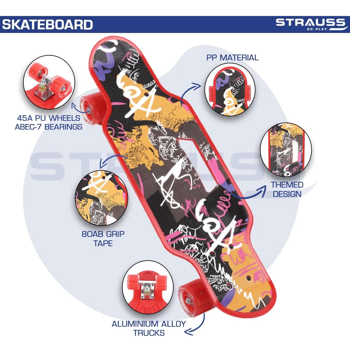 STRAUSS Cruiser Skateboard| Penny Skateboard | Casterboard | Hoverboard | Anti-Skid Board with ABEC-7 High Precision Bearings | PU Wheel with Light |Ideal for All Skill Level (31 X 8 Inch), (Scribble Red)