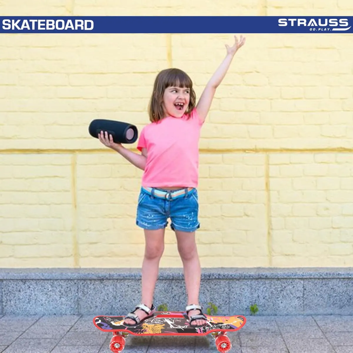 STRAUSS Cruiser Skateboard| Penny Skateboard | Casterboard | Hoverboard | Anti-Skid Board with ABEC-7 High Precision Bearings | PU Wheel with Light |Ideal for All Skill Level (31 X 8 Inch), (Scribble Red)