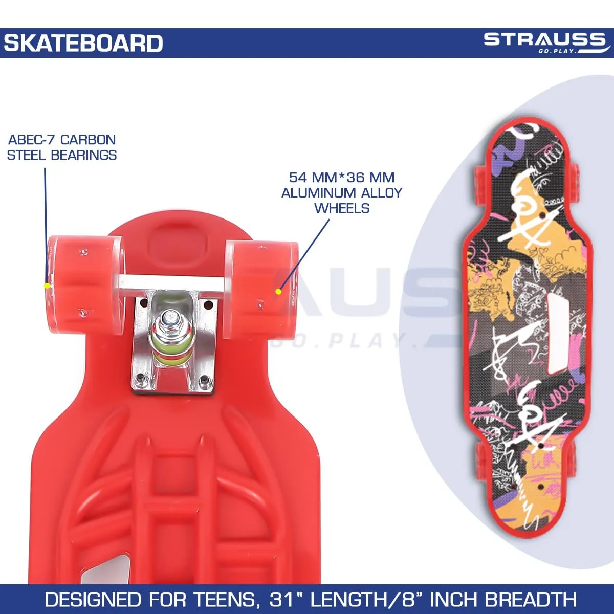 STRAUSS Cruiser Skateboard| Penny Skateboard | Casterboard | Hoverboard | Anti-Skid Board with ABEC-7 High Precision Bearings | PU Wheel with Light |Ideal for All Skill Level (31 X 8 Inch), (Scribble Red)