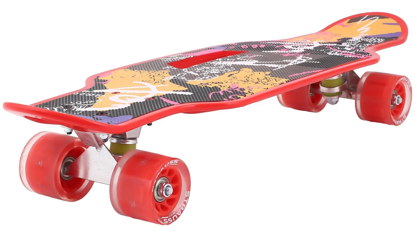 STRAUSS Cruiser Skateboard| Penny Skateboard | Casterboard | Hoverboard | Anti-Skid Board with ABEC-7 High Precision Bearings | PU Wheel with Light |Ideal for All Skill Level (31 X 8 Inch), (Scribble Red)