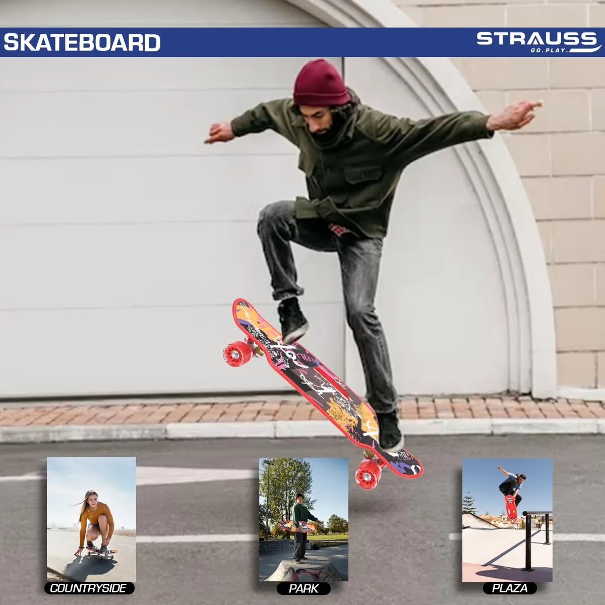 STRAUSS Cruiser Skateboard| Penny Skateboard | Casterboard | Hoverboard | Anti-Skid Board with ABEC-7 High Precision Bearings | PU Wheel with Light |Ideal for All Skill Level (31 X 8 Inch), (Scribble Red)